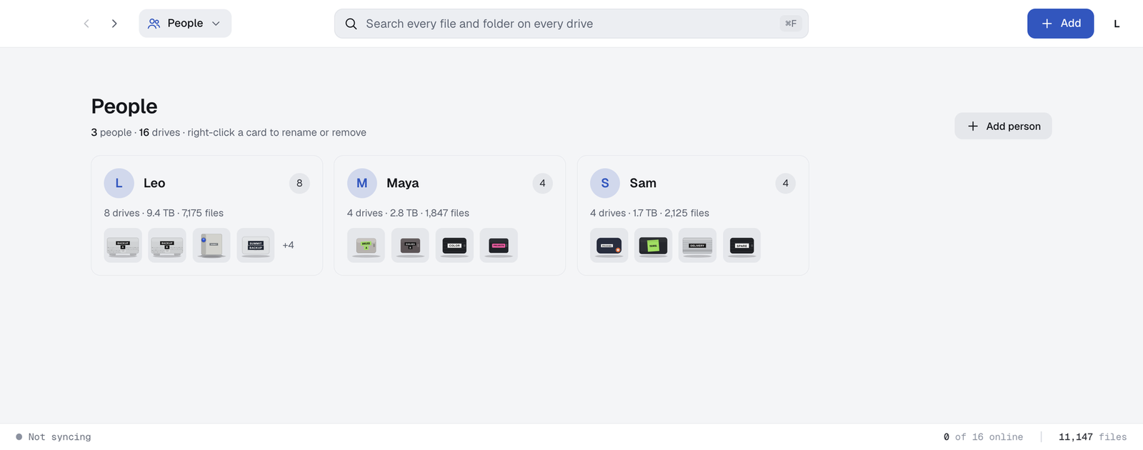 People page with a card each for Leo, Maya and Sam showing how many drives, terabytes and files they look after