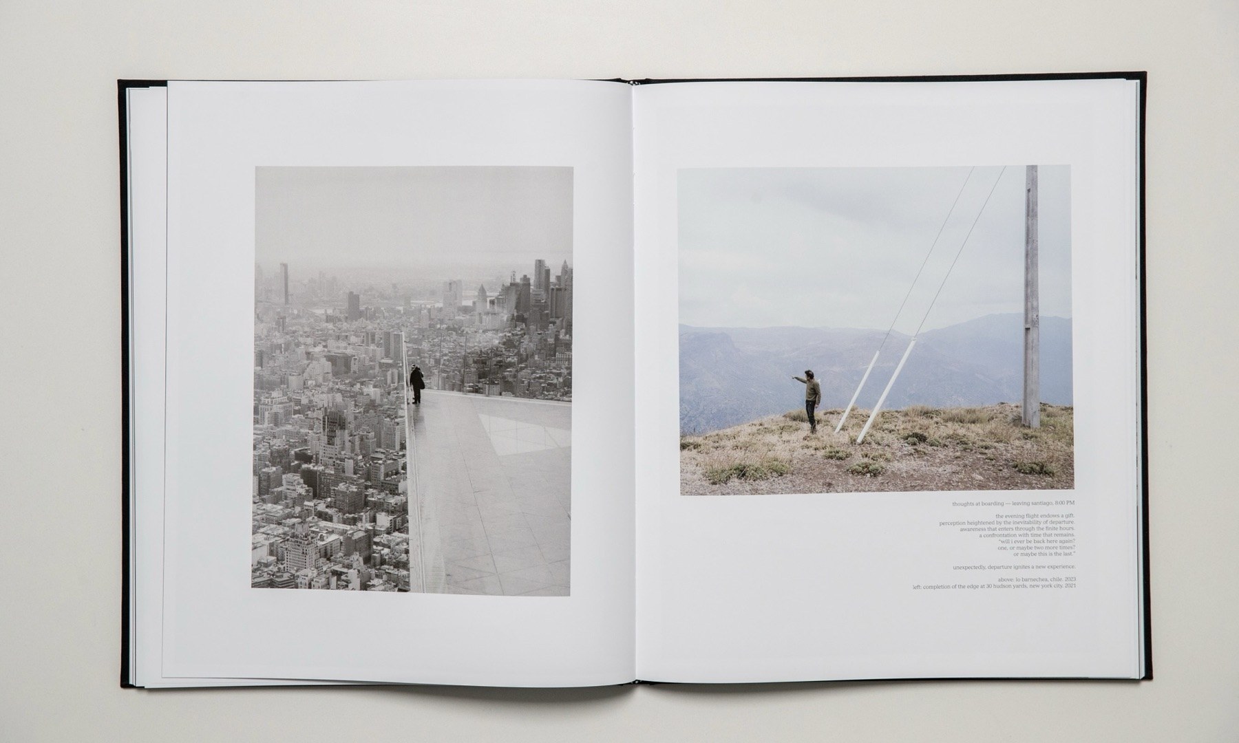 Open spread: two photographs of small figures in wide landscapes